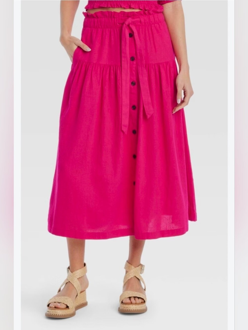 UNIVERSAL THREAD L Pink Linen Tie Waist Button Up Midi Skirt 2269-Q